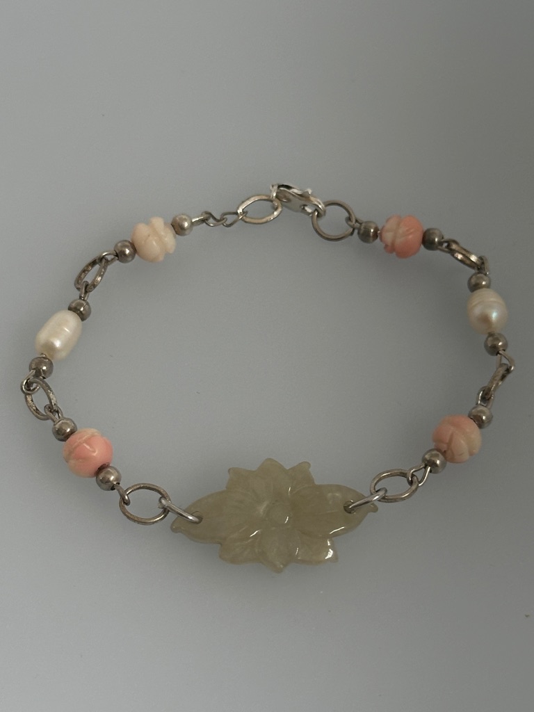 Carved Jade Floral Bracelet With Pink Coral And Real Pearls Accents